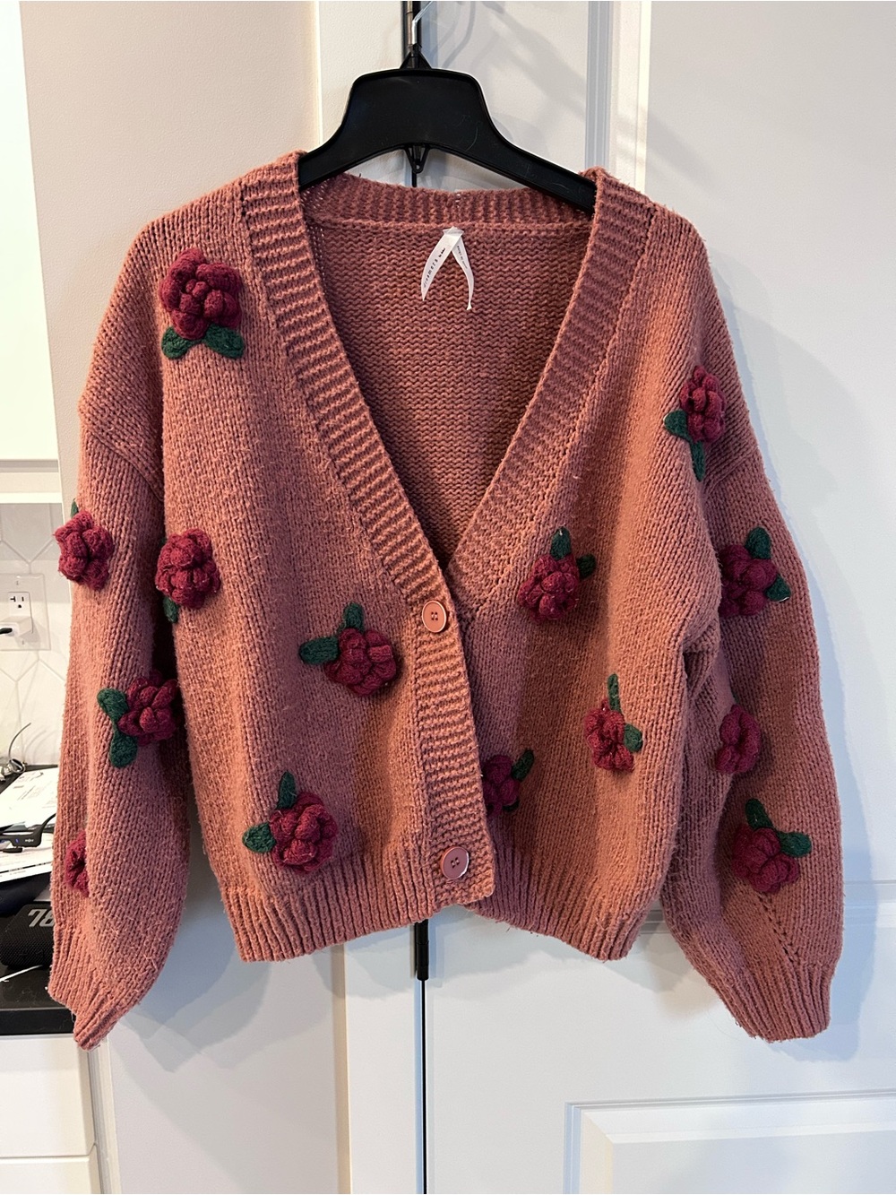 Dreamers Floral Appliqué Rose Pink V-Neck Oversized Cardigan Sweater Chunky Knit